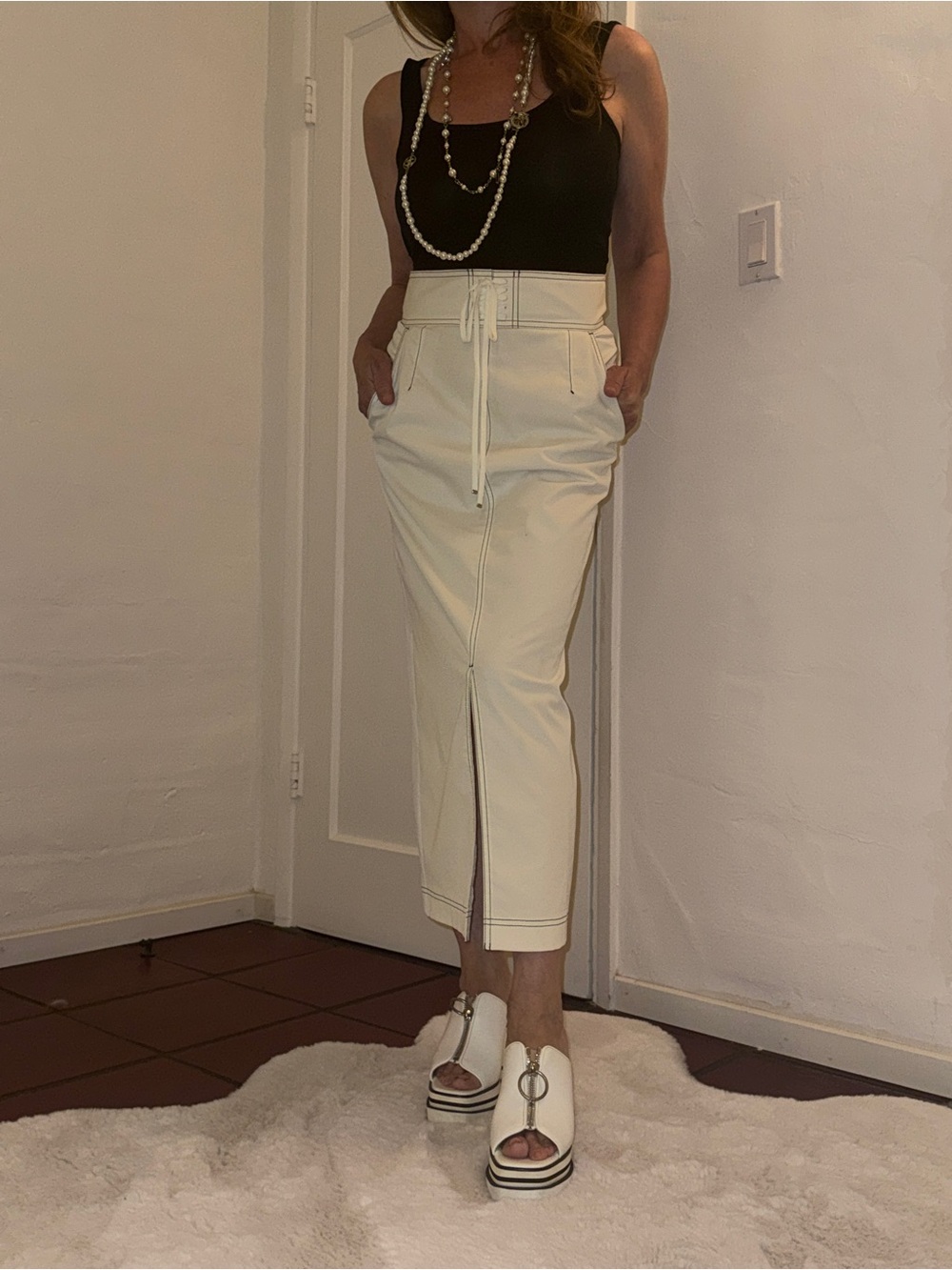 Cream High-Waist Drawstring Midi Skirt